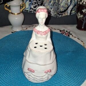 Vintage Victorian Hat Pin Ceramic Lady Figurine with Pink Accents